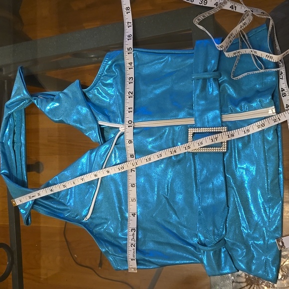 Weissman Turquoise Metallic Sequin w/ Hot Pink Leotard Dance Costume with Belt - Picture 7 of 16